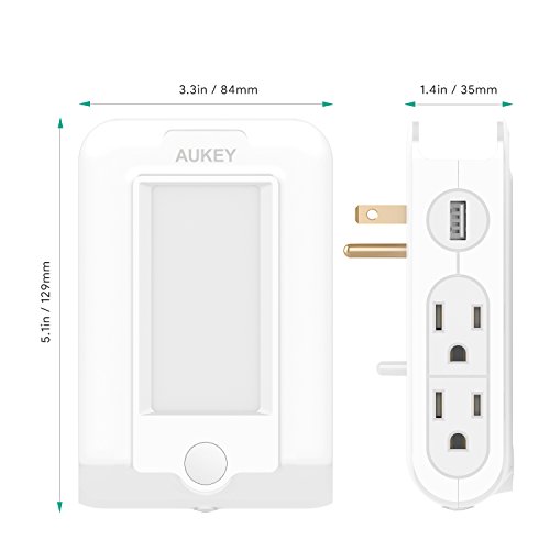 AUKEY USB Outlet with Night Light Plug in, 300 Joules Surge Protection Wall Outlet with 2 USB Charging Ports for Bedroom, Hallway, Bathroom and More - Thumbnail 5