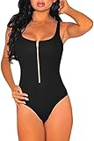 HOTAPEI Women Sexy Sleeveless Front Zipper Accent Teddy Bodysuit Medium Black