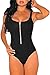 HOTAPEI Women Sexy Strappy Ribbed Front Zipper Accent Teddy Bodysuit