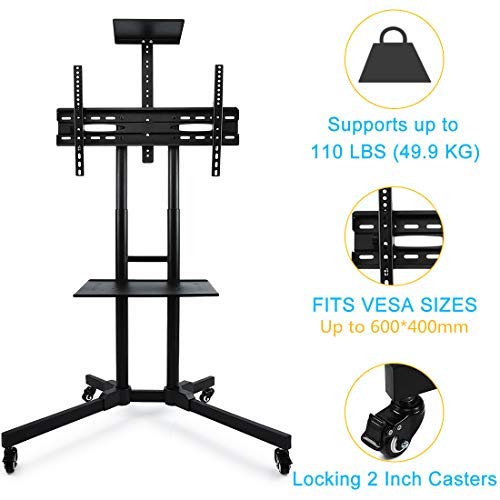 Heavy Duty Support 140 lbs TV Cart, Antistatic Coating Mobile TV Stand Fits 32-65” LED LCD Plasma Flat Screen 43-63” Adjustable Trolley-Mobile TV Mount with Wheels & 2 Organize Shelves - Thumbnail 3