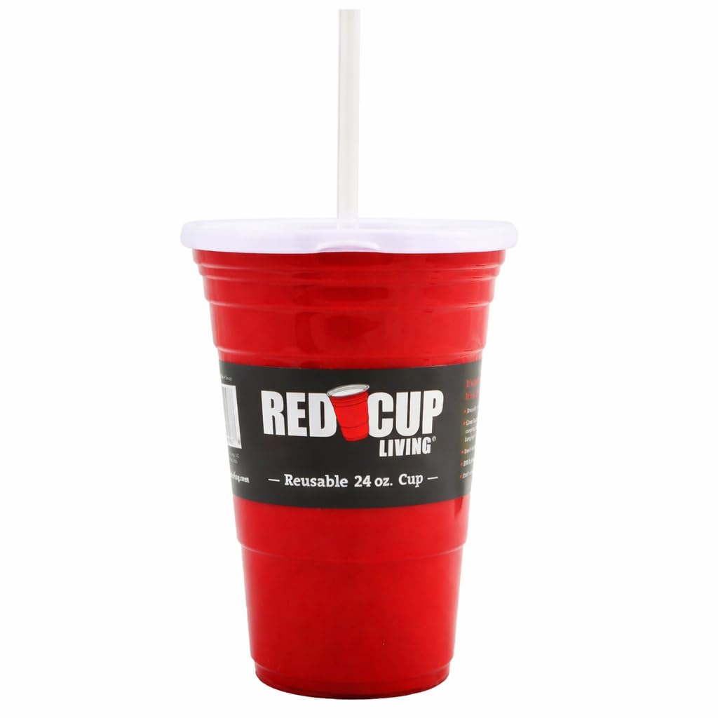 Red Cup Living 24 Oz Reusable Party Cup with Lid & Straw, Glass & Tumbler | Reusable Drinking Supplies for Birthday Party, Camping, Travel Outdoors |Durable & Unbreakable, BPA Free