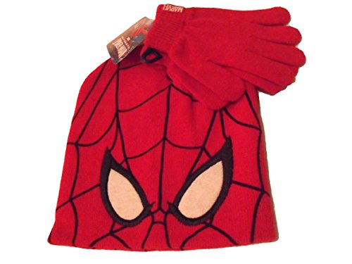 Spiderman Web Eyes Red Beanie Hat Gloves Set Childrens Kids Winter Knit