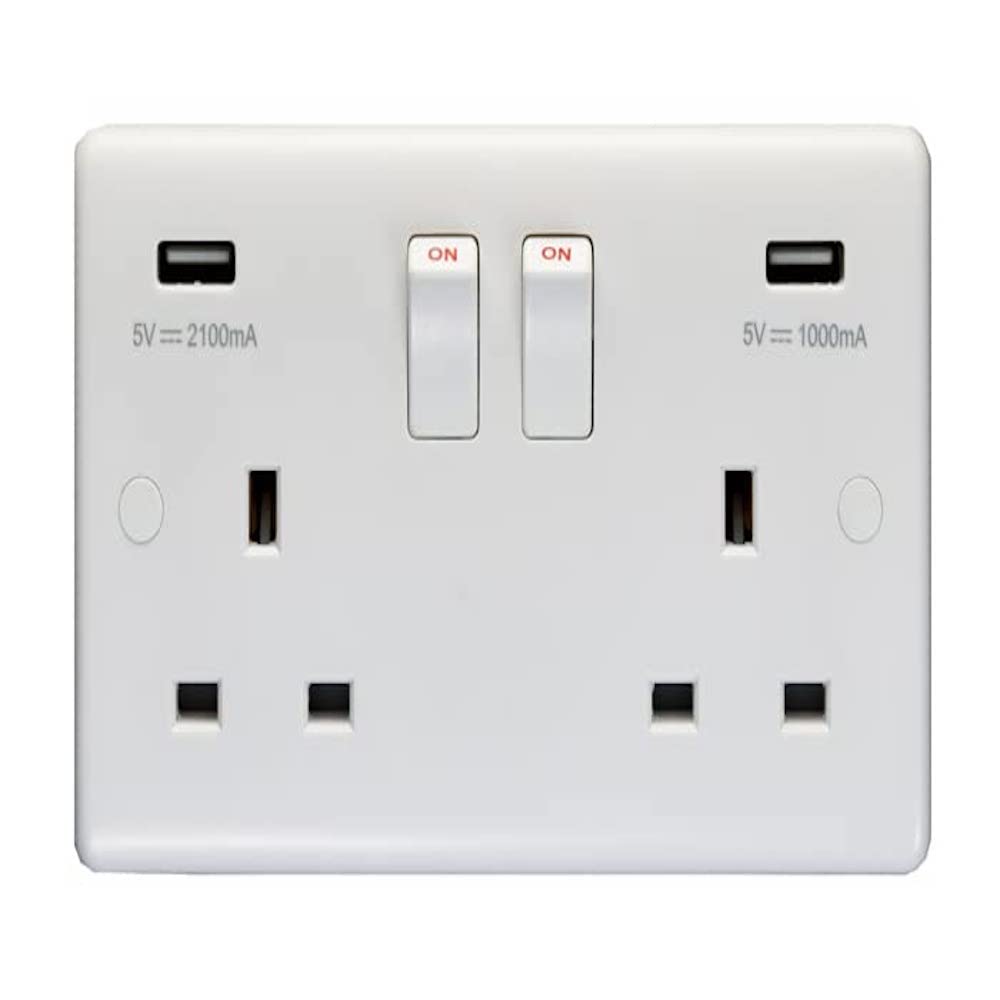 Eurolite Enhance White Plastic 13A 2 Gang Switched Socket With Dual USB Charger (5V DC 3.1A shared)