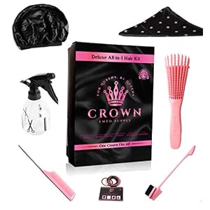 Queen Box Deluxe Womens -7 in 1 Hair Care Kit: Detangler Brush, Bonnet, Rat Tail Comb, Silky Scarf, Spray Bottle and…