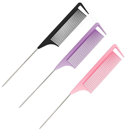 Yumflan Rat Tail Combs, 3Pcs Parting Combs for Braiding Hair, Nylon Hair Comb Rat Tail Comb Rattail Comb with Stainless Steel Pintail for Sectioning, Parting and Styling (Black/Pink/Purple)…