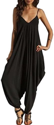 Women's Thin Spaghetti Strap Romper Baggy Harem Jumpsuit Playsuit Black L