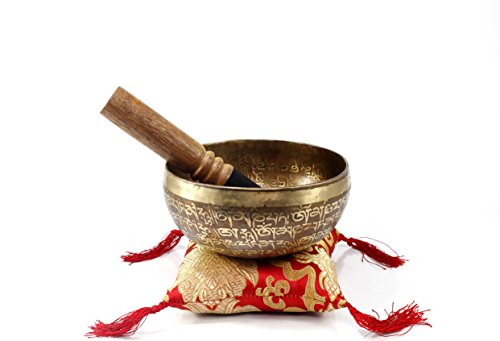 6" Mantra Carved Buddha Tibetan Singing Bowl, Hand Hammered Nepal Yoga Singing Bowls with Cushion & Mallet Striker