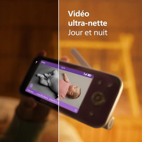 Philips Babyphone caméra Premium avec appli – caméra HD 1080 px, Suivi IA Sommeil et Respiration, interprétation des Pleurs, certifié Dekra cybersécurité maximale, Fixation Murale, SCD974/26
