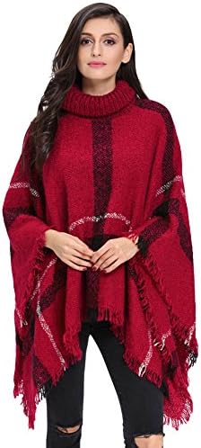 I VVEEL Women's Knitted Cashmere Turtleneck Poncho Wrap Sweater Cape,Red,Oneszie