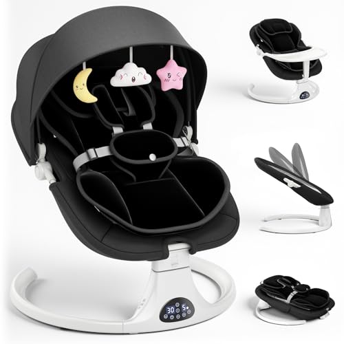 Dossier Réglable Transat Bébé Electrique, Balancelle Bébé Avec Coussin Amovible et Table D'appoint, Balançoire pour Baby avec 3 Minuteries et 5 Vitesses, 12 Mélodies, 3 Options D'alimentation (Noir)