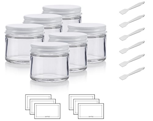 Click Here to See More Images Clear Thick Glass Straight Sided Jar with White Metal Airtight Lid - 2 oz/60 ml (6 pack) + Spatulas and Labels