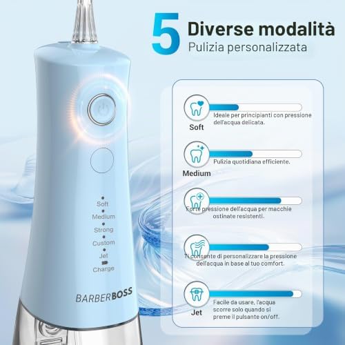 idropulsore dentale, irrigatore orale elettrico senza fili, 5 modalità di pressione, serbatoio da 340 ml, impermeabile IPX8, dispositivo portatile per la cura delle gengive (Blu Pastello)