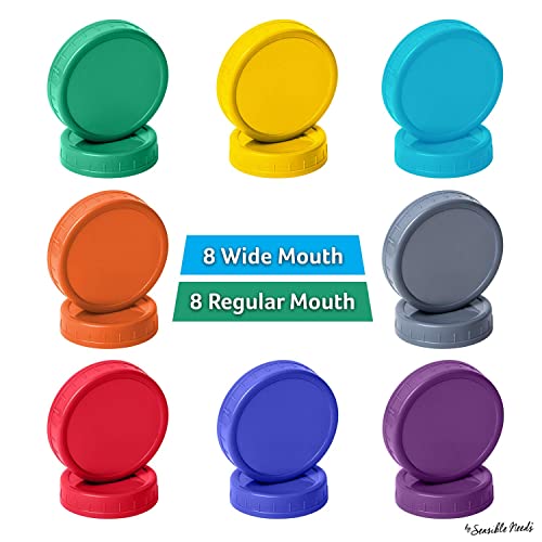 16 Pack Colored Plastic Ball Jar Lids, Kerr 8 Regular Mouth & 8 Wide