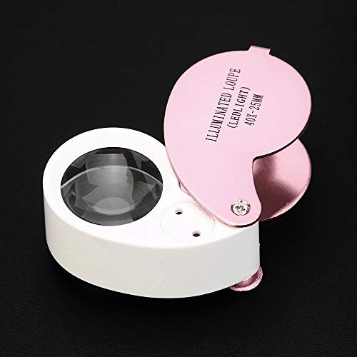 Hisoul Hot Multifunctional Mini LED Magnifier, 40X Folding Pocket Magnifier with 2 White LED Light Round Swing-Away Chrome Magnifier Perfect for Watch Stamps Jeweler Diamond (Pink)