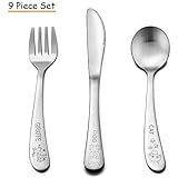 Toddlers Kids Utensils Silverware Set, E-far 9-Piece Stainless Steel Baby Preschooler Cutlery Set of 3, Include Fork/Spoon/Knife, Training &amp; Transition, Cute Animals Pattern - Dishwasher Safe