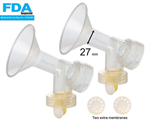 2x One-Piece Large 27 mm Breastshield w/ Valve, Membrane for Medela Pumps; Can Replace PersonalFit Shield & Connector; Simple Wishes Bra & Medela Quick Clean Micro Steam Bag Compatible;Made by Maymom
