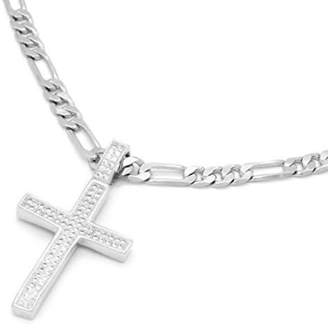 Mens White Gold Tone Fully Cz 1 Dome Cross Pendant Hip-Hop 24" 5mm Figaro Chain