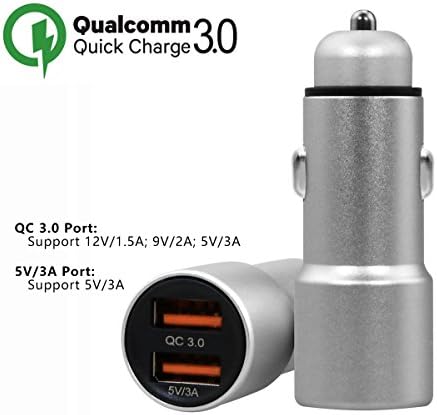 QC3.0 Car Charger, VENENO Quick Charge 3.0 Dual USB Car Charger Support 12V/1.5A,9V/2A,5V/3A Auto Switch QC30 Port and 5V/3A Port Both Working Suit for 12V/24V Car Cigarette Lighter(Silver)