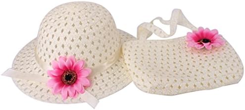 Andeker Girls Sun Straw Hat Handbag Set Children Tea Party Summer Beach Caps Dress up Hat Purse Sets 6 Color (8401 Creamy White)