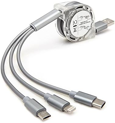 Geekercity 3 in 1 3ft Retractable Multiple Charging Cable USB Charger Cord with Lightning / Micro USB / USB 3.1 Type C Fast Charge Universal for iPhone iPad Samsung Android Cellphones (Gray)
