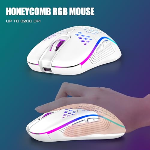 RedThunder K84 75% Wireless Gaming Keyboard and Mouse Rainbow Backlight UK Layout 85 Keys TKL Ultra Compact Mini Design Lightweight Honeycomb Gaming Mouse for PC Mac PS5 Xbox Office Gamers (White)