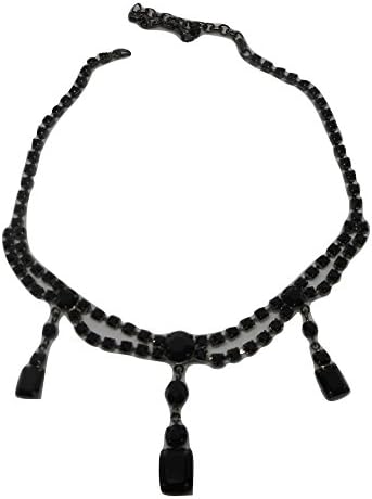 J Fox Jewelry Art Deco Prong Set Rhinestone Jet Black Retro Draped Dangle Bib Style Choker Necklace