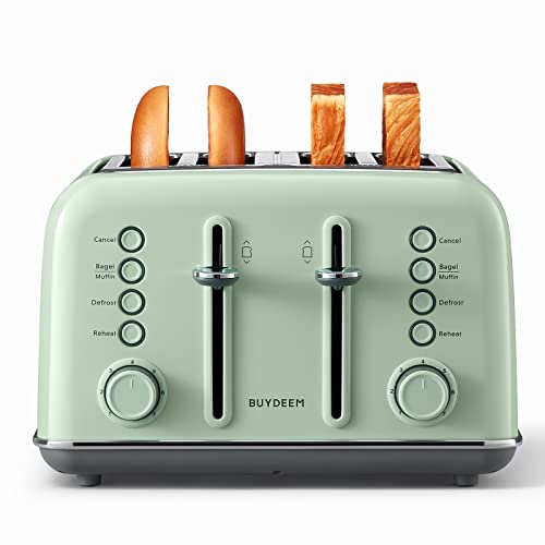 BUYDEEM DT640 4-Slice Toaster, 7 Shade Settings, Extra Wide 1.5’’ Slots for Bagel & English Muffin, 6 Toasting Functions, Retro Stainless Steel Toaster with High Lift Lever, 1800W, Cozy Greenish
