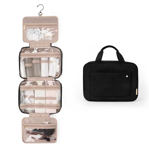 Bagsmart Toiletry Bag, Travel Bag with Hanging Hook, Water-Resistant Makeup Cosmetic Bag, Travel Organiser for Accessories, Shampoo, Full Size Container, Toiletries, L-black