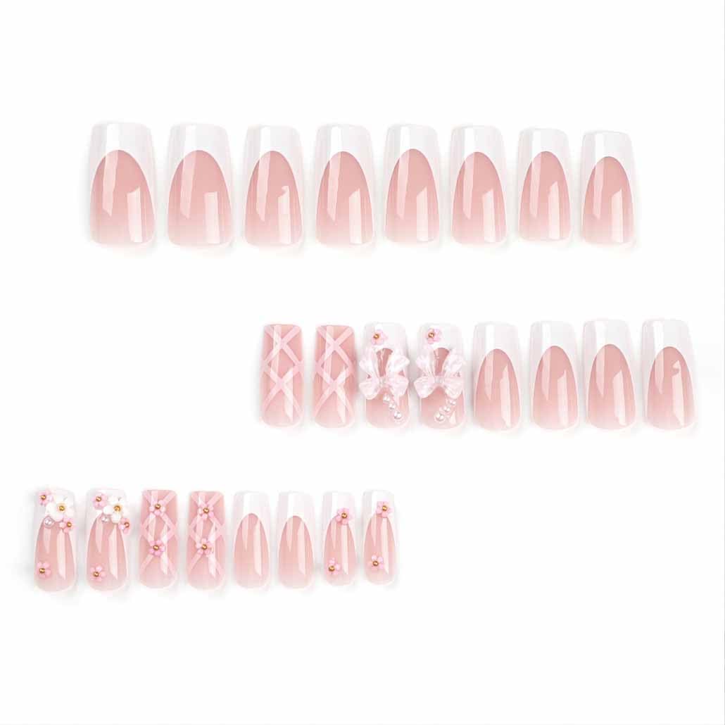 Foccna Press on Nails Medium Long Rhinestone Pink Fake Nails Square Bling Glossy 3D Flower False Nail Tips Artificial Nails Finger Manicure for Women and Girls-24pcs - Image 2