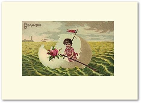 HAND MADE CARDS - K Designs Artist Designed "Fairy Baby Rowing Eggshell Boat" Cards Feature Art, Which Comes From A Vintage/Antique Advertising Piece - Cards Are Beautifully Finished By Skilled Craftsmen - Matching Envelopes - Perfect For An Elegant Thank You Note - These Cards Will Add A Sophisticated And Rich Feel To Your Correspondence - By K DESIGNS