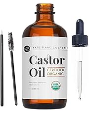 Castor Oil (2oz), USDA Certified Organic, 100% Pure, Cold Pressed, Hexane Free by Kate Blanc Cosmetics. Stimulate Growth for Eyelashes, Eyebrows, Hair. Skin Moisturizer & Hair Treatment Starter Kit