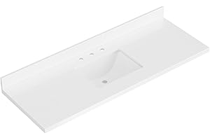 ARIEL 61 inch bathroom vanity top with sink, 1.5 Inch Thick Miter Edge White Quartz top, Rectangle Single Porcelain Sink, Includes Backsplash