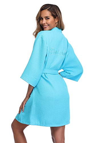 Vogue Bridal Waffle Weave Kimono Robe with Embroidered Bathrobe for Bridesmaid,Sky Blue