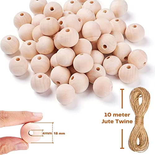 Wooden Beads, Wooden Beads for Crafts,300pcs 18mm Natural Wood Beads with 10m Twine, Unfinished Wooden Beads Wooden Balls for Garland, Making and DIY Crafting