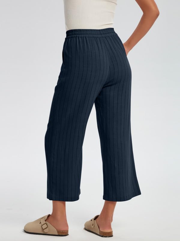 Les umes Women's Summer 7/8 High Waist Linen Pants with Pockets | Comfy Linen Striped Printed Capri Wide Leg Palazzo
