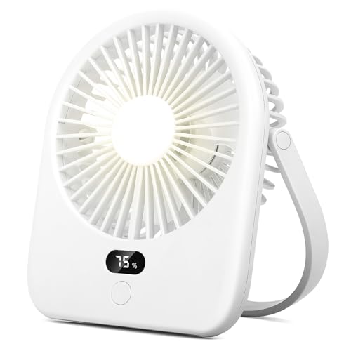Nezylaf Portable Desk Fan with LED Light, Rechargeable 2000mAh Battery Operated Personal Fan, 180° Tilt Adjustable Small Silent Table Travel Fan, 5 Speeds Desktop Fan for Bedroom, Outdoor