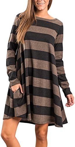 Sophieer Womens Casual Loose Fit O Neck Long Sleeve Pocket Striped Dress Black S