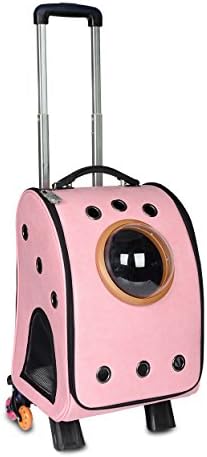 Petkuguo Foldable Detachable Airport Pet Carrier with Removable Wheels Travel Leather Rolling Carrier for Dogs/Cats,Pink