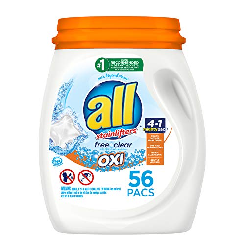 All Laundry Detergent Pacs, Mighty Pacs with OXI Stain Removers and Whiteners, Free Clear, Unscented and Dye Free, 56…