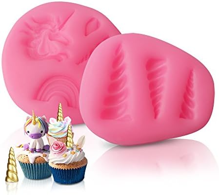 Mini Unicorn Cupcake Topper Silicone Mold Unicorn Horn Ears and Eyelash Baking Set Fondant Chocolate Mold(Set of 2)