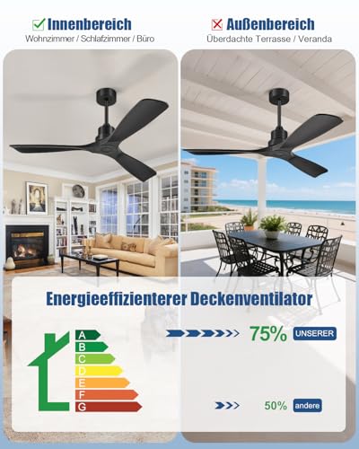 Forrovenco Ceiling Fan without Light 132 cm, Ceiling Fan with Remote Control, Outdoor Ceiling Fans, 3 Wooden Blades, 3 Extensions, 6 Levels, Reversible DC Motor, 132 cm, Black Without Light