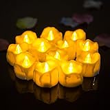 WINCAN 12pcs Amber Yellow Flickering Timing Flameless LED Tea Light Candles with Timer Flameless Candles Battery powered, Wax Dripped Battery Operated Tealights for Wedding, Birthday, Home Party