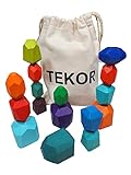 TEKOR 16 Pcs Wooden Stacking Rocks - Rainbow