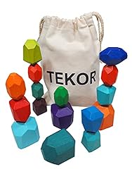 TEKOR 16 Pcs Wooden Stacking Rocks - Rainbow