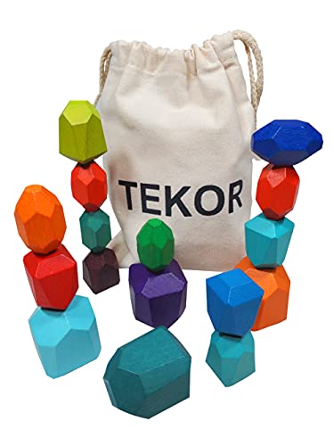 TEKOR 16 Pcs Wooden Stacking Rocks - Rainbow