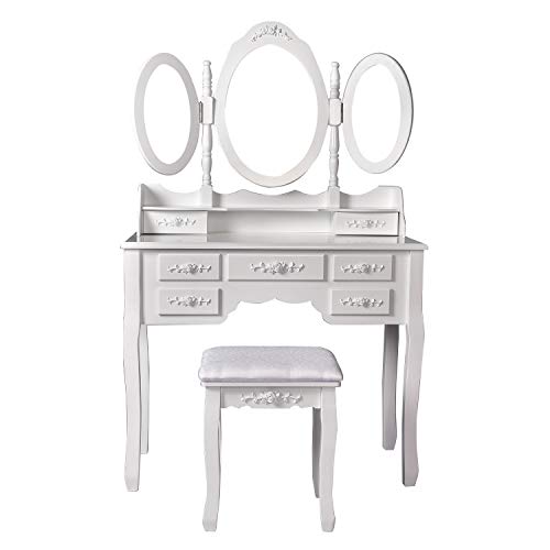 Makeup Vanity Table Set, Trifold Mirrors Dressing Table with Cushioned Stool &7 Drawers Storage Organizer for Bedroom Furniture/Gift (Tri-Folding Mirror, White)