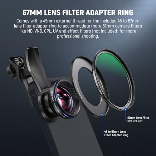 NEEWER 18mm 100° Wide Angle Lens 0.5X Magnification with 17mm Thread Phone Lens Clip & 67mm Filter Adapter Ring, Also for Phone Cage/Phone Case/Phone Clamp/Backplate, LS-42 PRO