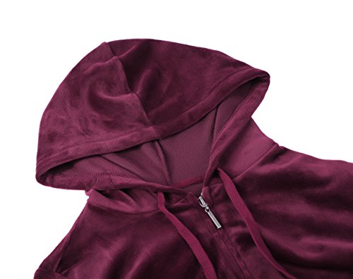 Dolcevida Women's Active Solid Velour Tracksuit Zip up Hoodie and Sweat Pant Set (Wine, M)