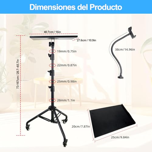 Soporte para Proyector con Ruedas, 73-167 cm Soporte para Proyector Tripode con Bandeja para Ratón, Porta Celular y Bandeja de Almacenamiento, Soporte Trípode Proyector para Oficina Hogar Estudio