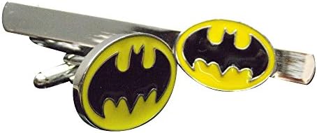 Welen Superman Superhero Stainless Steel Mens Tie Clips Clasp and Cufflinks Set (Batman Yellow)